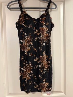 Micas Black Floral Lace Mini Dress Braided Straps Size L (Fits M)